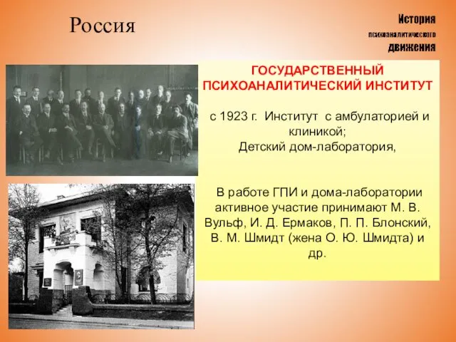 Россия ГОСУДАРСТВЕННЫЙ ПСИХОАНАЛИТИЧЕСКИЙ ИНСТИТУТ с 1923 г. Институт с амбулаторией и