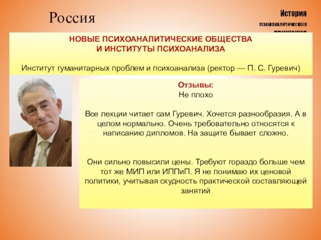 Россия НОВЫЕ ПСИХОАНАЛИТИЧЕСКИЕ ОБЩЕСТВА И ИНСТИТУТЫ ПСИХОАНАЛИЗА Институт гуманитарных проблем и