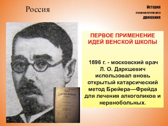 Россия ПЕРВОЕ ПРИМЕНЕНИЕ ИДЕЙ ВЕНСКОЙ ШКОЛЫ 1896 г. - московский врач