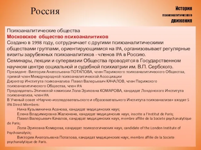 Россия Психоаналитические общества Московское общество психоаналитиков Создано в 1998 году, сотрудничает