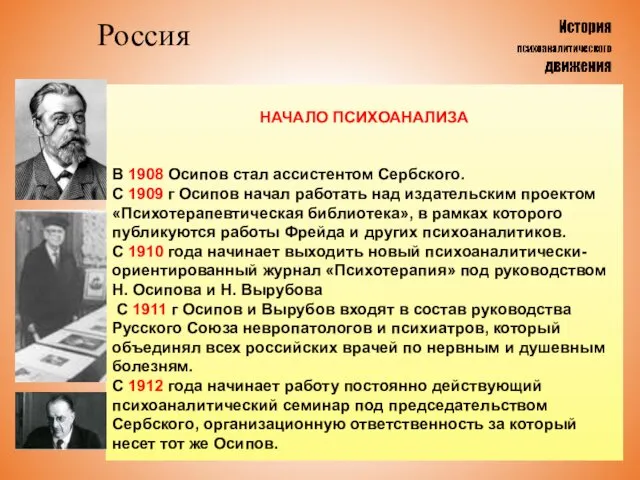 Россия НАЧАЛО ПСИХОАНАЛИЗА В 1908 Осипов стал ассистентом Сербского. С 1909