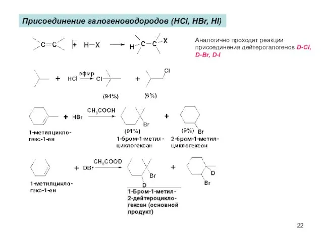 Присоединение галогеноводородов (HCl, HBr, HI) Аналогично проходят реакции присоединения дейтерогалогенов D-Cl, D-Br, D-I