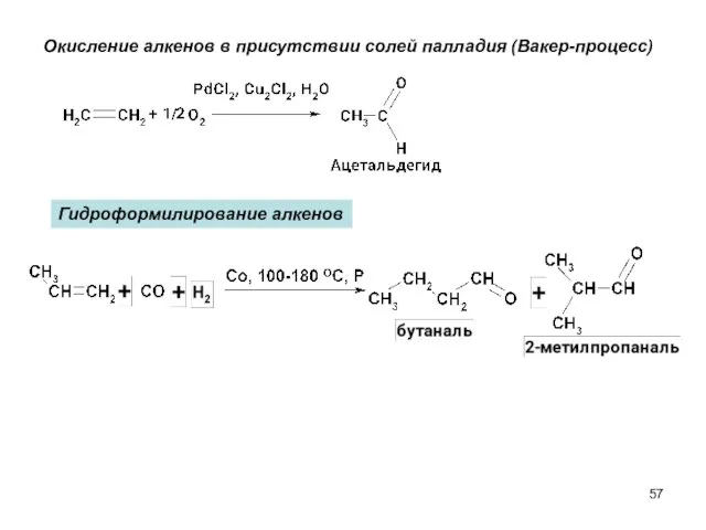 Окисление алкенов в присутствии солей палладия (Вакер-процесс) Гидроформилирование алкенов