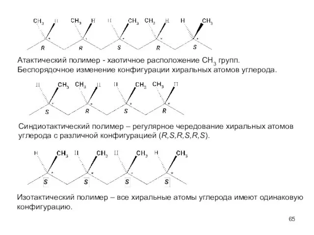 Атактический полимер - хаотичное расположение CH3 групп. Беспорядочное изменение конфигурации хиральных