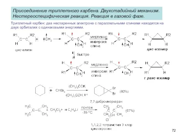 Присоединение триплетного карбена. Двухстадийный механизм. Нестереоспецифическая реакция. Реакция в газовой фазе.