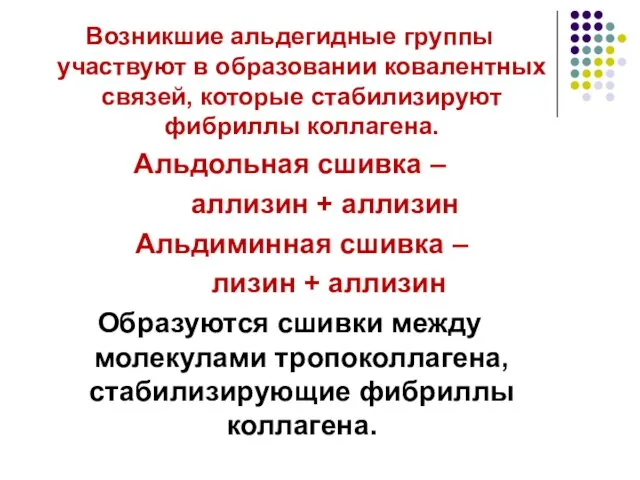 Возникшие альдегидные группы участвуют в образовании ковалентных связей, которые стабилизируют фибриллы