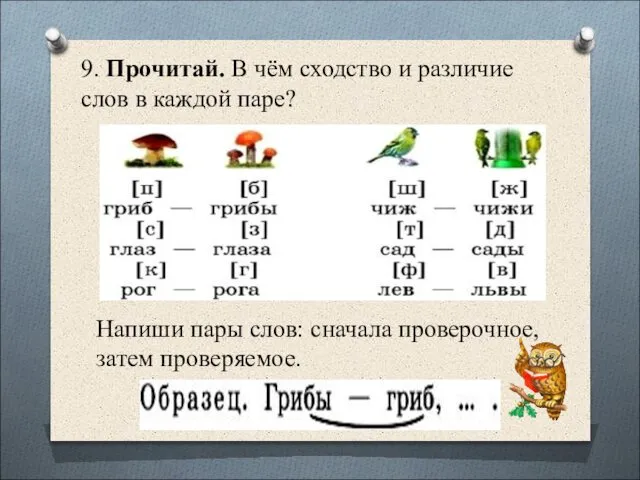 9. Прочитай. В чём сходство и различие слов в каждой паре?