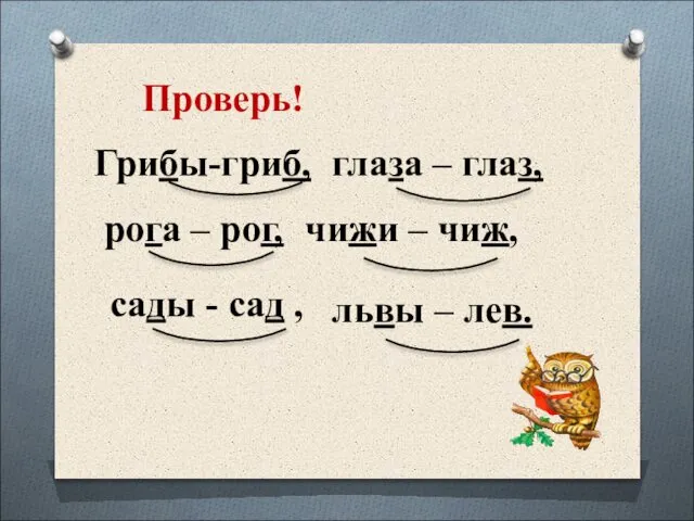 Проверь! глаза – глаз, Грибы-гриб, рога – рог, чижи – чиж,