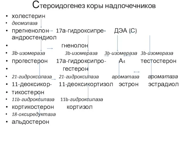 Стероидогенез коры надпочечников холестерин десмолаза прегненолон 17а-гидроксипре- ДЭА (С) андростендиол гненолон