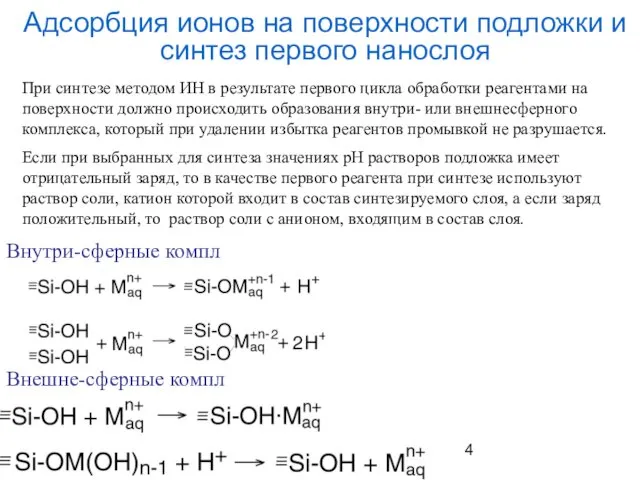 Адсорбция ионов на поверхности подложки и синтез первого нанослоя Внутри-сферные компл