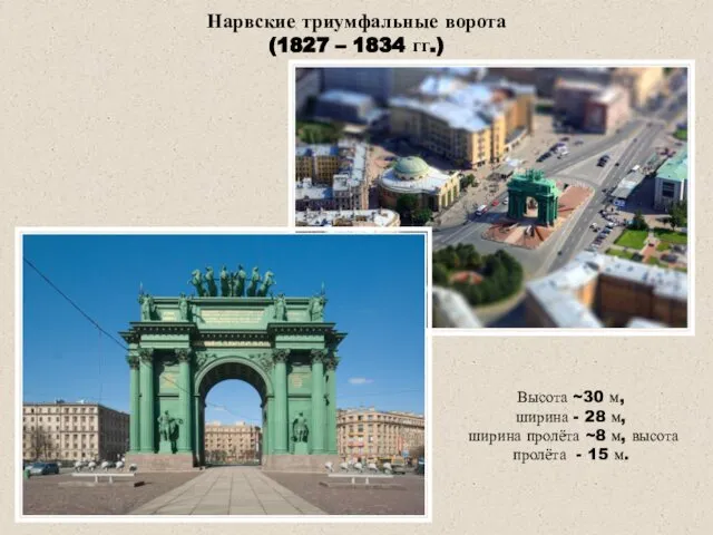 Нарвские триумфальные ворота (1827 – 1834 гг.) Высота ~30 м, ширина