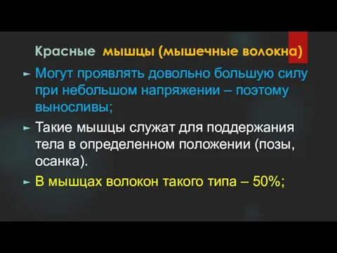 Красные мышцы (мышечные волокна) Могут проявлять довольно большую силу при небольшом