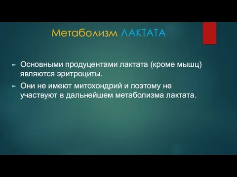 Метаболизм ЛАКТАТА Основными продуцентами лактата (кроме мышц) являются эритроциты. Они не