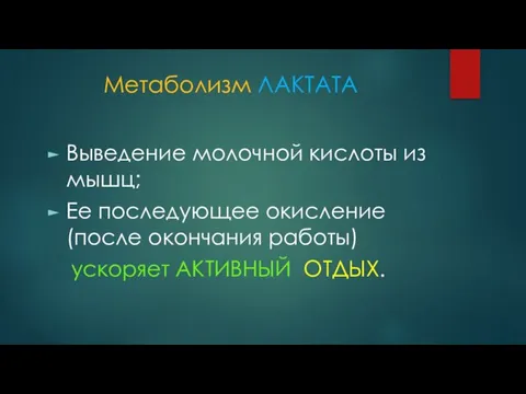 Метаболизм ЛАКТАТА Выведение молочной кислоты из мышц; Ее последующее окисление (после окончания работы) ускоряет АКТИВНЫЙ ОТДЫХ.