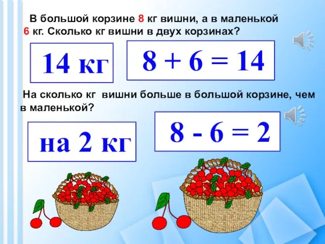 В большой корзине 8 кг вишни, а в маленькой 6 кг.