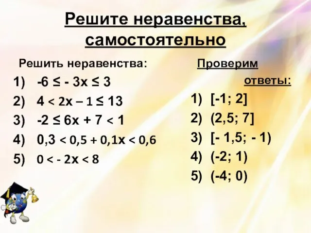 Решите неравенства, самостоятельно Решить неравенства: -6 ≤ - 3х ≤ 3