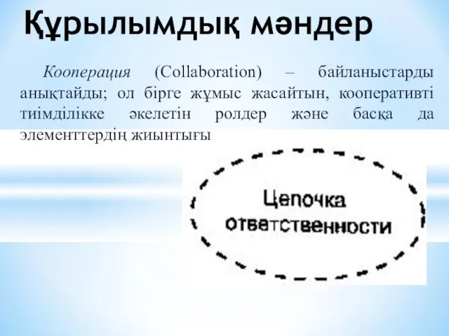 Кооперация (Collaboration) – байланыстарды анықтайды; ол бірге жұмыс жасайтын, кооперативті тиімділікке