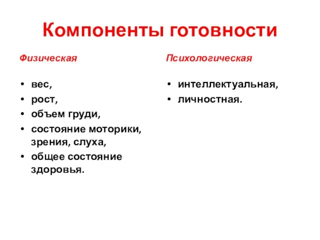 Компоненты готовности Физическая вес, рост, объем груди, состояние моторики, зрения, слуха,