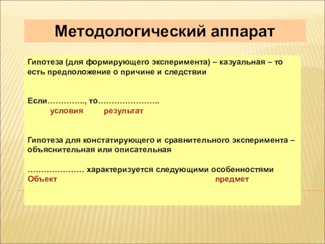 Гипотеза (для формирующего эксперимента) – казуальная – то есть предположение о