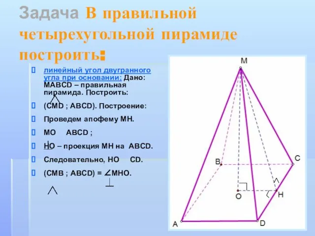 Задача В правильной четырехугольной пирамиде построить: линейный угол двугранного угла при