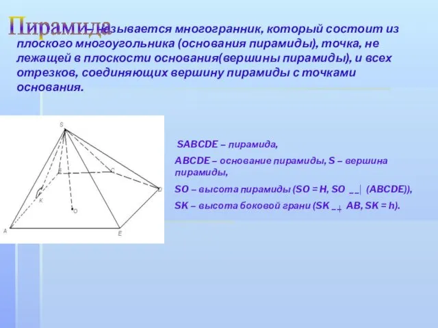 – называется многогранник, который состоит из плоского многоугольника (основания пирамиды), точка,