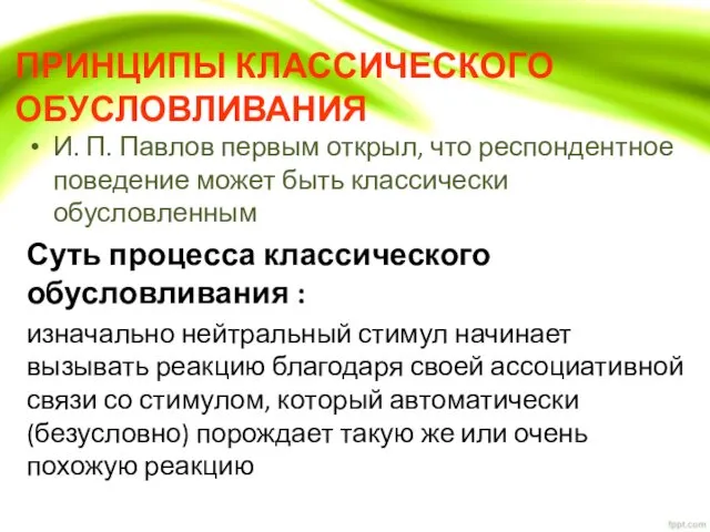 ПРИНЦИПЫ КЛАССИЧЕСКОГО ОБУСЛОВЛИВАНИЯ И. П. Павлов первым открыл, что респондентное поведение