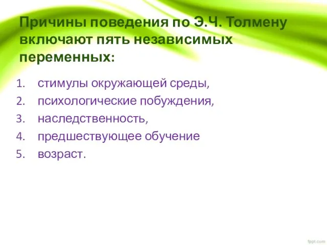 Причины поведения по Э.Ч. Толмену включают пять независимых переменных: стимулы окружающей