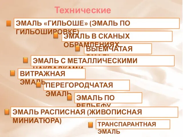 Технические приемы ПЕРЕГОРОДЧАТАЯ ЭМАЛЬ ВЫЕМЧАТАЯ ЭМАЛЬ ЭМАЛЬ В СКАНЫХ ОБРАМЛЕНИЯХ ЭМАЛЬ