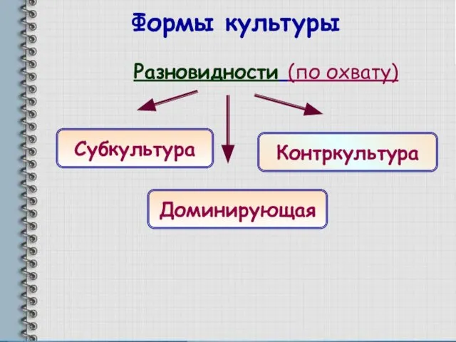 Формы культуры Разновидности (по охвату) Субкультура Контркультура Доминирующая