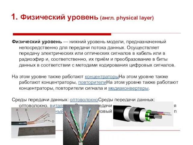 1. Физический уровень (англ. physical layer) Физический уровень — нижний уровень