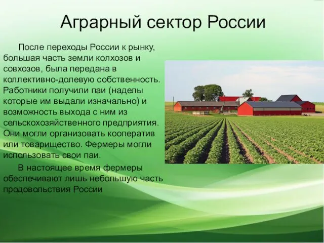 Аграрный сектор России После переходы России к рынку, большая часть земли