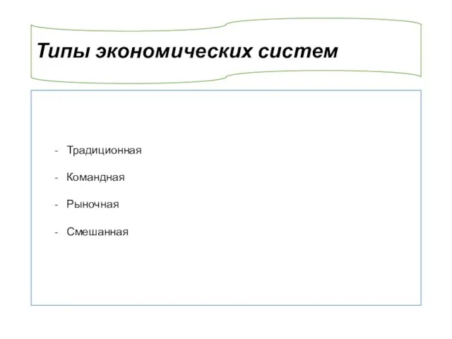 Типы экономических систем Традиционная Командная Рыночная Смешанная