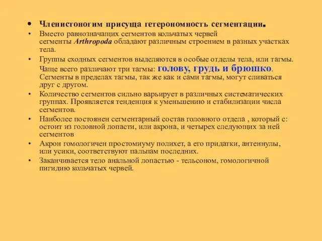 Членистоногим присуща гетерономность сегментации. Вместо равнозначащих сегментов кольчатых червей сегменты Arthropoda