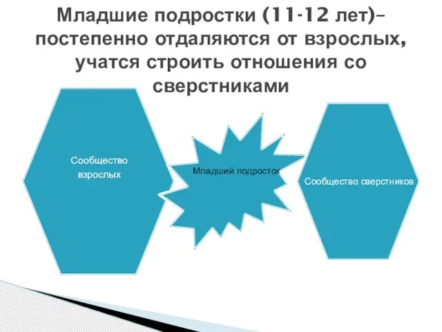 Младшие подростки (11-12 лет)– постепенно отдаляются от взрослых, учатся строить отношения со сверстниками