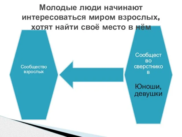 Сообщество взрослых Сообщество сверстников Юноши, девушки Молодые люди начинают интересоваться миром