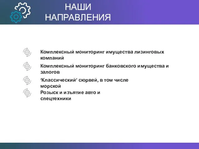 НАШИ НАПРАВЛЕНИЯ Комплексный мониторинг имущества лизинговых компаний Комплексный мониторинг банковского имущества