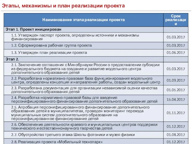 Этапы, механизмы и план реализации проекта