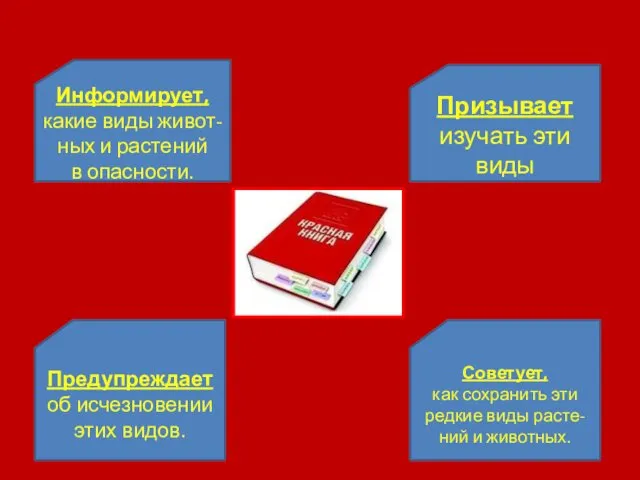 Информирует, какие виды живот- ных и растений в опасности. Призывает изучать