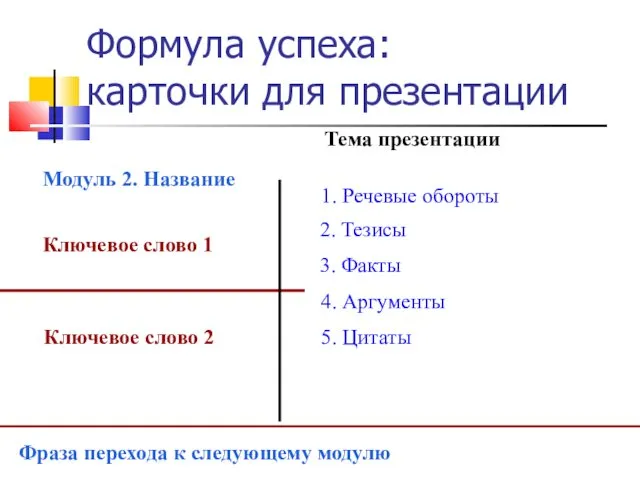 Формула успеха: карточки для презентации Тема презентации Модуль 2. Название Ключевое