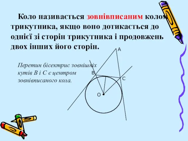 Коло називається зовнівписаним колом трикутника, якщо воно дотикається до однієї зі