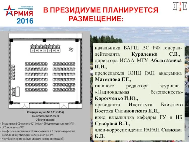 В ПРЕЗИДИУМЕ ПЛАНИРУЕТСЯ РАЗМЕЩЕНИЕ: начальника ВАГШ ВС РФ генерал-лейтенанта Кураленко С.В.,