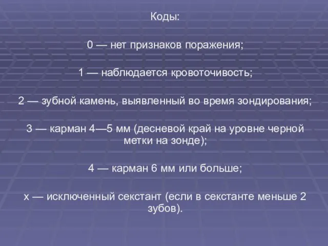 Коды: 0 — нет признаков поражения; 1 — наблюдается кровоточивость; 2