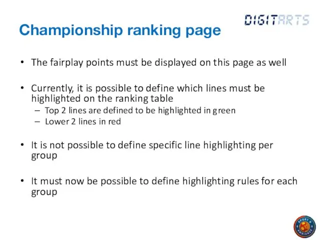 Championship ranking page The fairplay points must be displayed on this