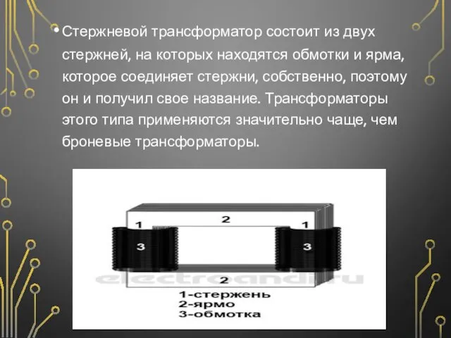 Стержневой трансформатор состоит из двух стержней, на которых находятся обмотки и