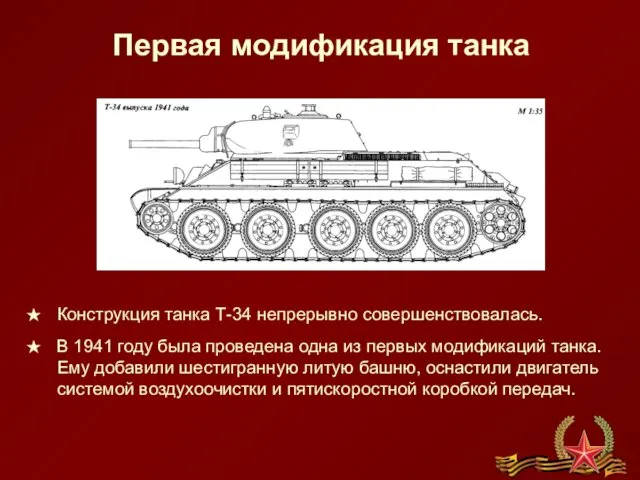 Первая модификация танка Конструкция танка Т-34 непрерывно совершенствовалась. В 1941 году