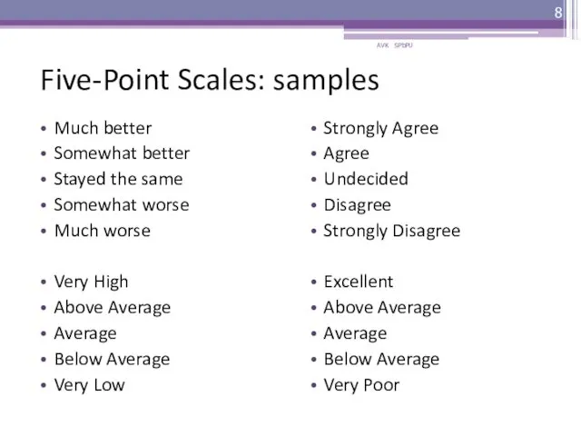 Five-Point Scales: samples Much better Somewhat better Stayed the same Somewhat