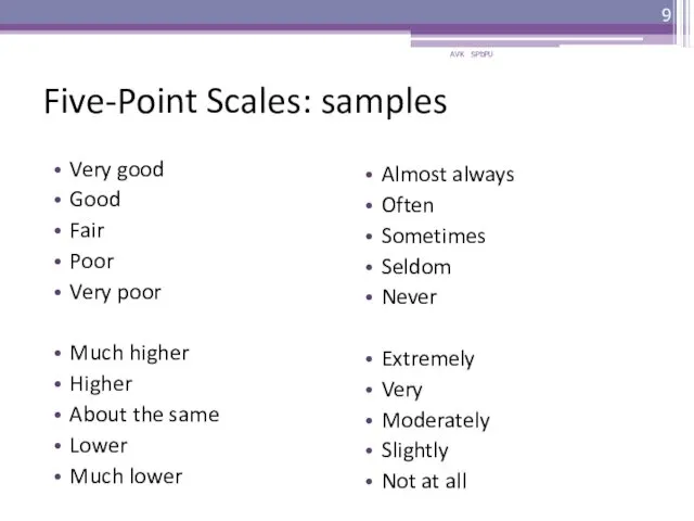 Five-Point Scales: samples Very good Good Fair Poor Very poor Much