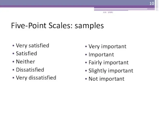 Five-Point Scales: samples Very satisfied Satisfied Neither Dissatisfied Very dissatisfied Very