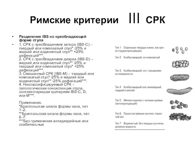 Римские критерии III СРК Разделение IBS по преобладающей форме стула 1.