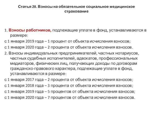 Статья 28. Взносы на обязательное социальное медицинское страхование 1. Взносы работников,